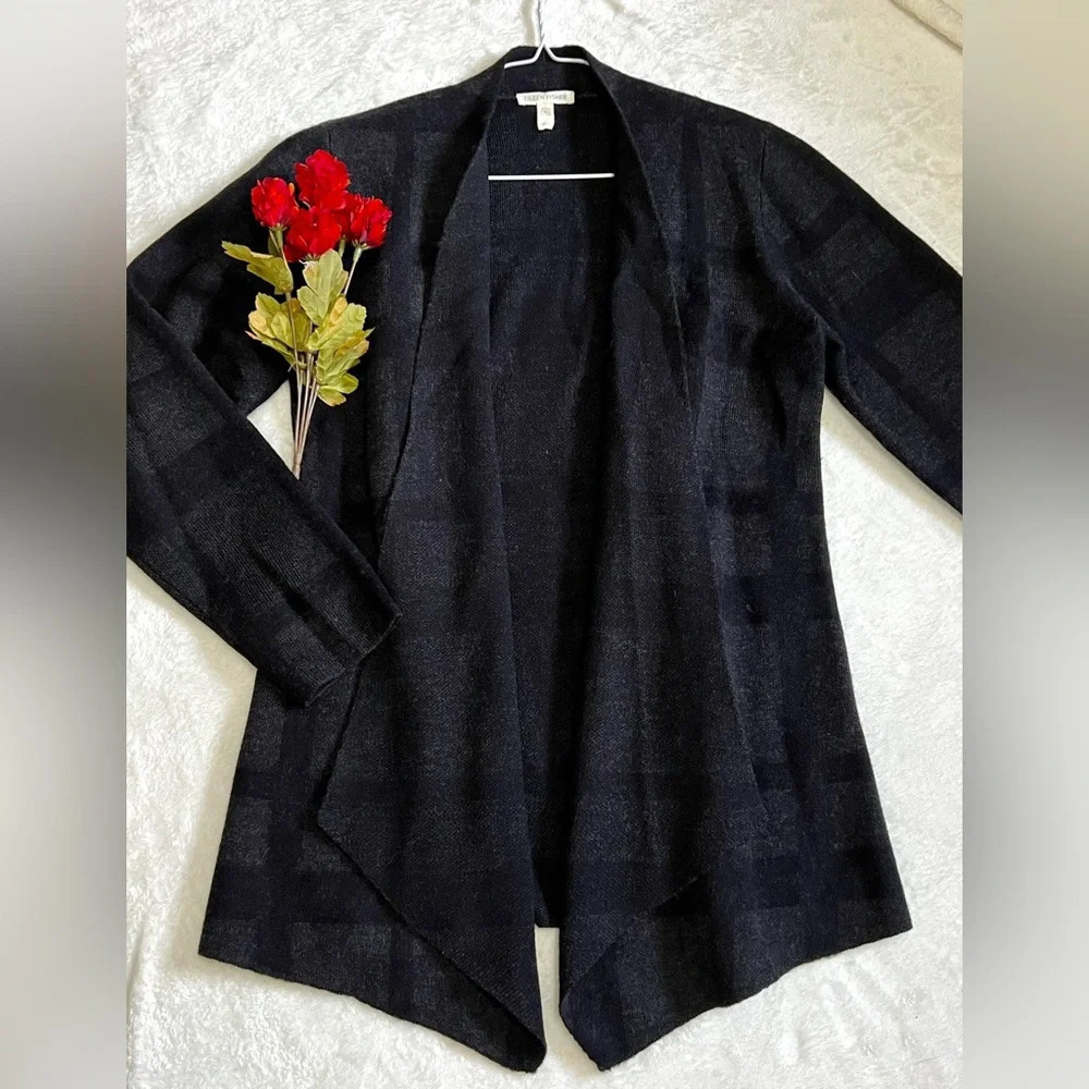 Eileen Fisher Marino Wool Window Pane Cardigan - Medium